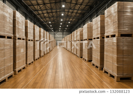 Industrial warehouse logistics and storage with rows of wrapped pallets on wooden floor. An orderly and efficient supply chain and distribution management concept 132088123