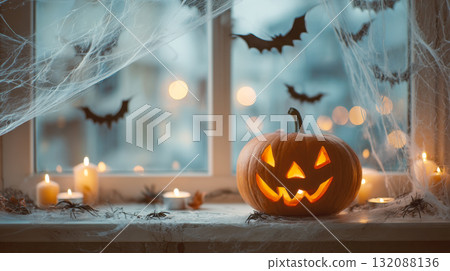 A spooky Halloween decoration scene, glowing jack-o'-lantern sits on cobweb-draped windowsill with flickering candles, plastic spiders. Bats hang in window against a blurry, cold evening background A spooky Halloween decoration scene, glowing jack-o'-lantern sits on cobweb-draped windowsill with flickering candles, plastic spiders. Bats hang in window against a blurry, cold evening background 132088136