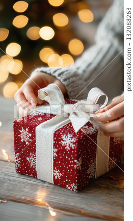 Close-up of a woman in a gray sweater tying a sparkling silver bow on a red and white snowflake-patterned Christmas gift, set on rustic wood with warm, blurry holiday lights 132088263
