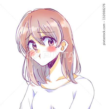 A woman puffing out her cheeks and feeling embarrassed 132088276