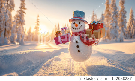 A happy snowman character with a top hat and red scarf hovers over a snowy path, carrying colorful Christmas presents. Scene is beautiful winter landscape with snow-covered trees under golden sunset 132088287