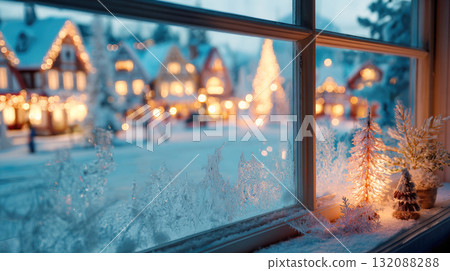 A frosted window frame with a glowing miniature Christmas tree decoration looks out onto a magical winter village. The blurred background features cozy houses and a large lighted Christmas tree 132088288