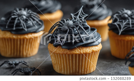 Delicious Halloween cupcakes featuring golden sponge and rich, swirling black frosting. Each is topped with sparkling silver edible spider and cobweb for a gothic, spooky treat against dark background 132088289