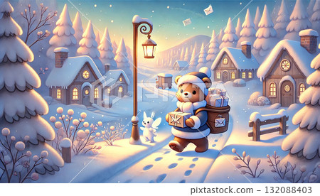 一個溫暖的幻想場景,一隻熊郵遞員在白雪皚皚的冬季村莊送信和禮物,一位仙女走過。 一個溫暖的幻想場景,一隻熊郵遞員在白雪皚皚的冬季村莊送信和禮物,一位仙女走過。 132088403