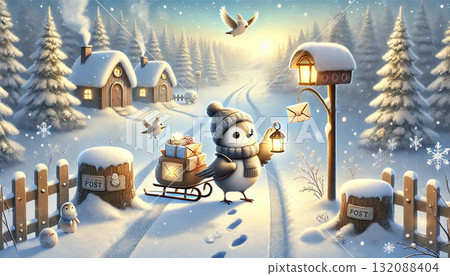 一幅可愛的插圖，描繪了冬日村莊被清晨的陽光照亮，一隻小鳥郵遞員在雪林裡向郵箱送信 132088404