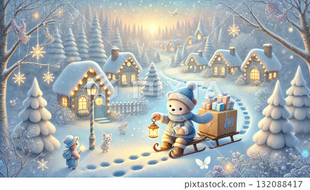 一幅夢幻而溫暖的冬夜場景，一隻北極熊郵遞員向白雪皚皚的村莊送去禮物，村莊燈火通明。 132088417