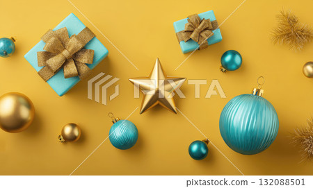 Modern christmas background featuring turquoise gift boxes with gold bows, central golden star. Assorted teal and gold baubles are scattered across vibrant yellow surface, creating luxurious, festive 132088501