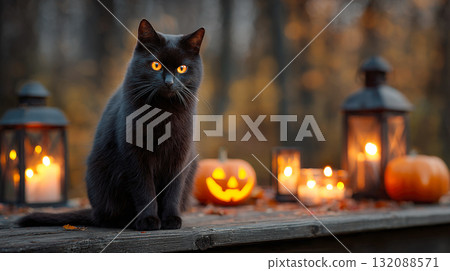 A striking Halloween scene featuring a black cat with glowing orange eyes sitting on a wooden surface. It is surrounded by lit jack-o'-lanterns, candle lanterns, and autumn leaves 132088571