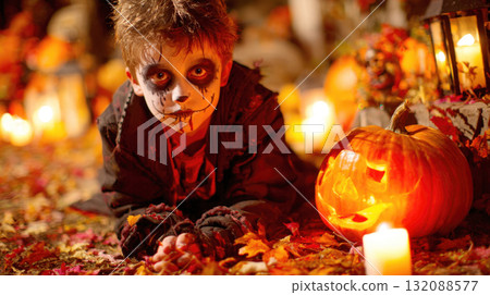 A chilling halloween portrait of a young boy with skeleton face paint and a dark costume. He lies among autumn leaves next to a glowing pumpkin and candles, creating a spooky, eerie outdoor theme 132088577