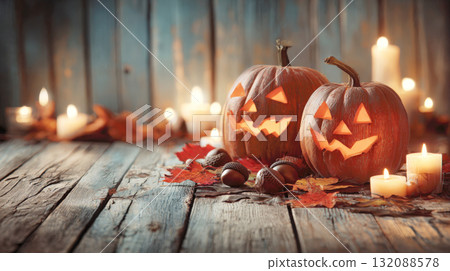 Two lit jack-o'-lanterns sit on a rustic wooden table with acorns and maple leaves. The background features a blurred wooden wall and candles, creating a warm, cozy halloween or autumn atmosphere Two lit jack-o'-lanterns sit on a rustic wooden table with acorns and maple leaves. The background features a blurred wooden wall and candles, creating a warm, cozy halloween or autumn atmosphere 132088578