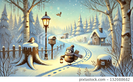 A fairytale illustration of a little postman walking through a snowy forest on a warm winter morning and a cute bird delivering a letter 132088682
