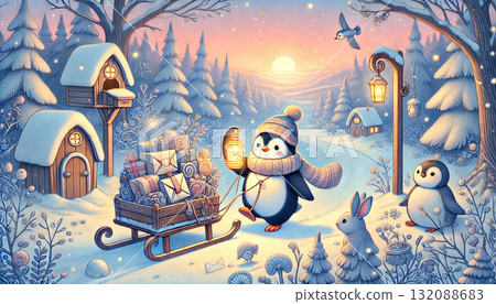 A penguin postman delivering presents in a snowy forest. A fairytale illustration filled with the warmth and gentleness of winter. 132088683