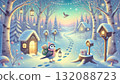 A little bird postman walking through a snowy forest with a lamp in his hand. A warm winter fairy tale illustration delivering presents and letters. A little bird postman walking through a snowy forest with a lamp in his hand. A warm winter fairy tale illustration delivering presents and letters. 132088723