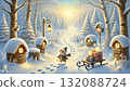 A little bird postman delivers presents in a snowy forest. A heartwarming winter fairytale scene with lamplight and rows of small houses. A little bird postman delivers presents in a snowy forest. A heartwarming winter fairytale scene with lamplight and rows of small houses. 132088724