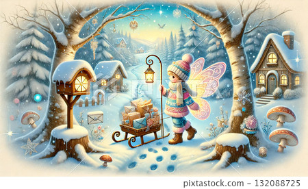 A fairy postman walking through a snowy forest. A fantastic winter fantasy in which he lights a lamp and delivers presents and letters. 132088725