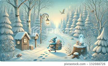 A little bird postman walks through a snowy forest, delivering letters in the light of a lamp in this heartwarming winter fantasy. 132088726