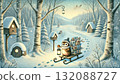 A little bird postman sledding through a snowy forest. A winter fairytale fantasy landscape with gentle lights delivering presents. A little bird postman sledding through a snowy forest. A winter fairytale fantasy landscape with gentle lights delivering presents. 132088727