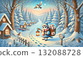 A little bird postman delivers letters and gifts in a winter forest. A heartwarming fantasy landscape gently illuminated by lamplight. A little bird postman delivers letters and gifts in a winter forest. A heartwarming fantasy landscape gently illuminated by lamplight. 132088728