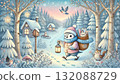 A little bird postman delivering a letter in a winter forest. A fairytale-like, warm fantasy illustration walking gently with a lamp in hand. A little bird postman delivering a letter in a winter forest. A fairytale-like, warm fantasy illustration walking gently with a lamp in hand. 132088729