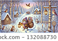 A little bird postman delivers letters in the winter forest. A heartwarming fantasy landscape of animals wrapped in lamplight. A little bird postman delivers letters in the winter forest. A heartwarming fantasy landscape of animals wrapped in lamplight. 132088730