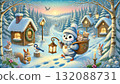 A little bird postman and animals delivering letters in a snowy forest. A heartwarming winter fantasy illustration illuminated by lamplight. A little bird postman and animals delivering letters in a snowy forest. A heartwarming winter fantasy illustration illuminated by lamplight. 132088731