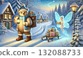 A bear with a lamp and a fairy delivering a letter in a snowy forest. A heartwarming gift delivery fantasy that lights up a winter night. A bear with a lamp and a fairy delivering a letter in a snowy forest. A heartwarming gift delivery fantasy that lights up a winter night. 132088733