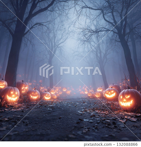 An intense, spooky Halloween landscape with a concentration of glowing jack-o'-lanterns lining path in dense, foggy forest. Features bare trees,blue, eerie atmosphere perfect for atumn holiday theme 132088866