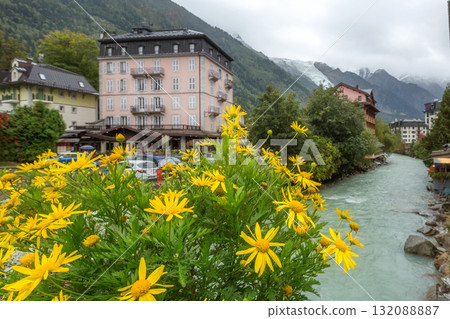 River, flowers in center of Chamonix, France River, flowers in center of Chamonix, France 132088887