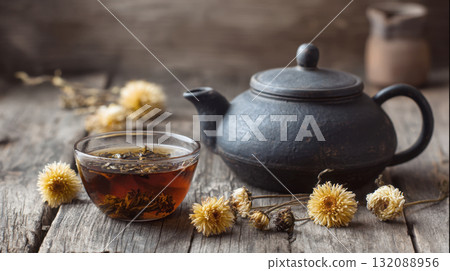 Rustic Serenity of Traditional Tea Ceremony: A Vintage Cast Iron Teapot and Clear Bowl of Steaming Loose-Leaf Herbal Tea, Artfully Arranged with Dried Yellow Flowers on Dark, Weathered Wooden Surface Rustic Serenity of Traditional Tea Ceremony: A Vintage Cast Iron Teapot and Clear Bowl of Steaming Loose-Leaf Herbal Tea, Artfully Arranged with Dried Yellow Flowers on Dark, Weathered Wooden Surface 132088956