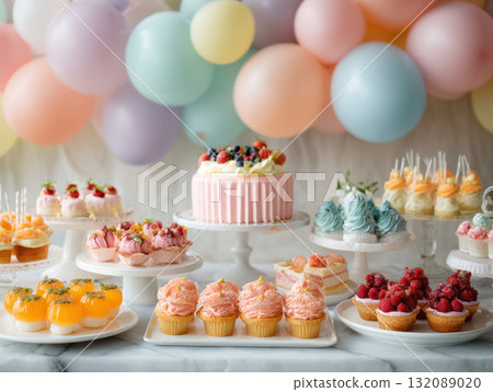 A stunning dessert table arranged with a pink layered cake, cupcakes, assortment of pastel-colored sweets. Background features soft pastel balloons, perfect for baby shower or birthday celebration A stunning dessert table arranged with a pink layered cake, cupcakes, assortment of pastel-colored sweets. Background features soft pastel balloons, perfect for baby shower or birthday celebration 132089020