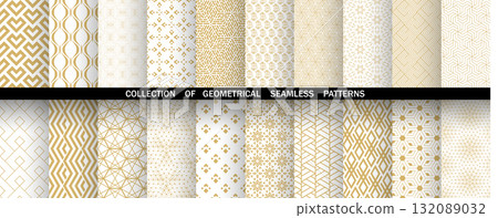 Geometric set of seamless golden and white patterns. Simple vector graphics. Geometric set of seamless golden and white patterns. Simple vector graphics. 132089032