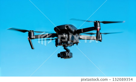 Military Drone Hovering Against Clear Blue Sky Aerial Technology 132089354