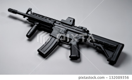 Black Tactical Assault Rifle on Neutral Background 132089356