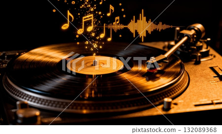 Vinyl Record Player with Musical Notes Visual Effect for Retro Music and Nostalgia Marketing 132089368