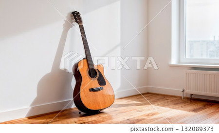 Acoustic Guitar Leaning Against White Wall in Minimalist Interior for Lifestyle Photography Acoustic Guitar Leaning Against White Wall in Minimalist Interior for Lifestyle Photography 132089373