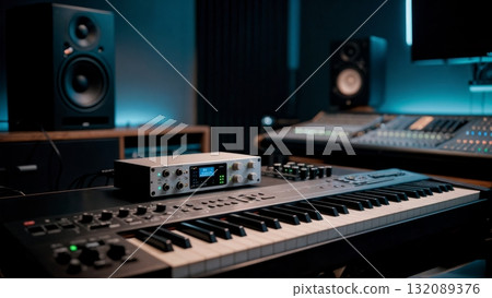 Modern Music Production Studio Equipment Close-up for Creative Industry Content 132089376
