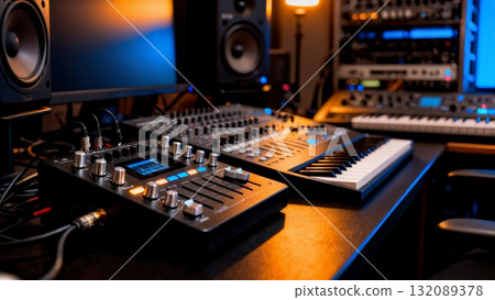 Modern Music Production Studio Equipment Close-up for Creative Industry Content 132089378