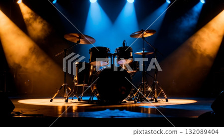 Drum Kit Silhouette with Dramatic Stage Lighting for Live Music and Concert Promotion 132089404