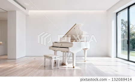 Minimalist White Piano in Bright Modern Room for Luxury Interior and Lifestyle Content Minimalist White Piano in Bright Modern Room for Luxury Interior and Lifestyle Content 132089414