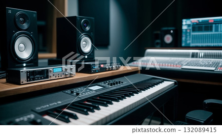 Modern Music Production Studio Equipment Close-up for Creative Industry Content 132089415