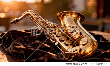 Saxophone Brass Detail with Golden Hour Light for Jazz Music and Luxury Content 132089416