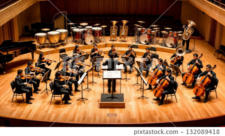 Classical Music Orchestra Instruments Arrangement on Stage for Cultural Events and Performances Classical Music Orchestra Instruments Arrangement on Stage for Cultural Events and Performances 132089418