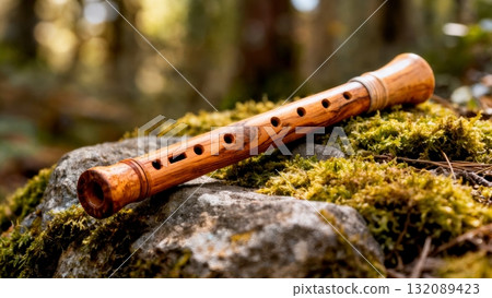 Vintage Wooden Flute on Nature Background for Organic Music and Meditation Content 132089423
