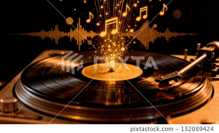 Vinyl Record Player with Musical Notes Visual Effect for Retro Music and Nostalgia Marketing 132089424