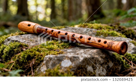 Vintage Wooden Flute on Nature Background for Organic Music and Meditation Content 132089425