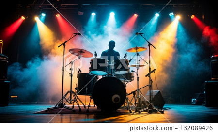 Drum Kit Silhouette with Dramatic Stage Lighting for Live Music and Concert Promotion 132089426