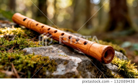 Vintage Wooden Flute on Nature Background for Organic Music and Meditation Content Vintage Wooden Flute on Nature Background for Organic Music and Meditation Content 132089438