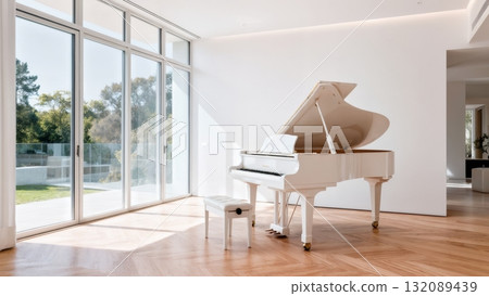Minimalist White Piano in Bright Modern Room for Luxury Interior and Lifestyle Content Minimalist White Piano in Bright Modern Room for Luxury Interior and Lifestyle Content 132089439