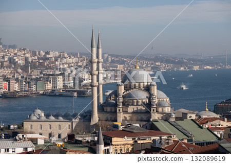 Istanbul Mosque, cityscape panorama, Turkey: Iconic architecture overlooking Bosphorus, showcasing historical beauty. 132089619