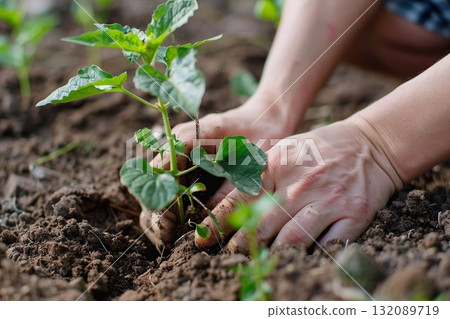 Hands of a gardener planting a young green seedling into rich brown soil, surrounded by lush greenery, showcasing the beauty of nurturing nature and sustainable gardening practices 132089719
